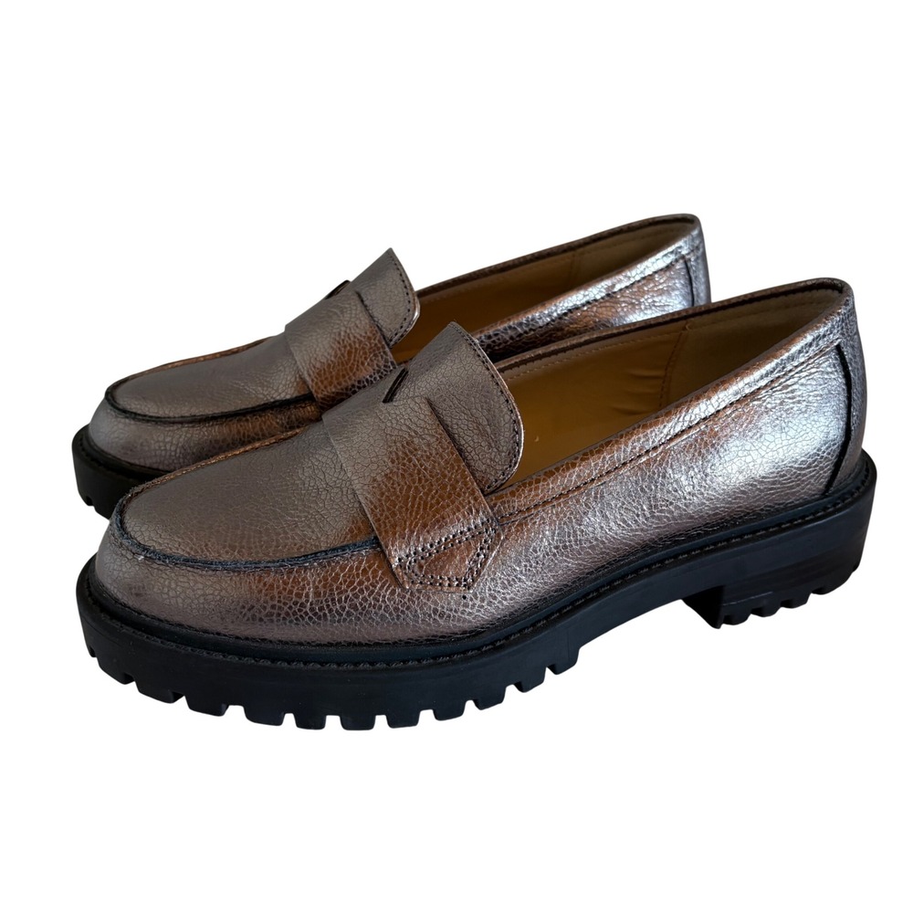 Banana Republic Vee Strap Pewter Metallic Lug Sole Penny Loafers NEW size 6